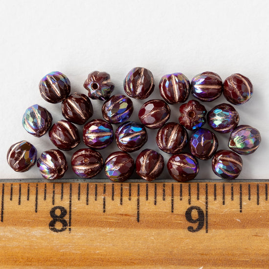 6mm Faceted Round Glass Melon Bead - Maroon AB with Copper Wash - 10 or 30 Beads