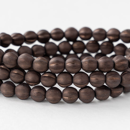 6mm Faceted Round Glass Melon Bead - Matte Bronze - 25 beads