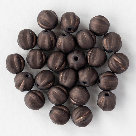 6mm Faceted Round Glass Melon Bead - Matte Bronze - 25 beads