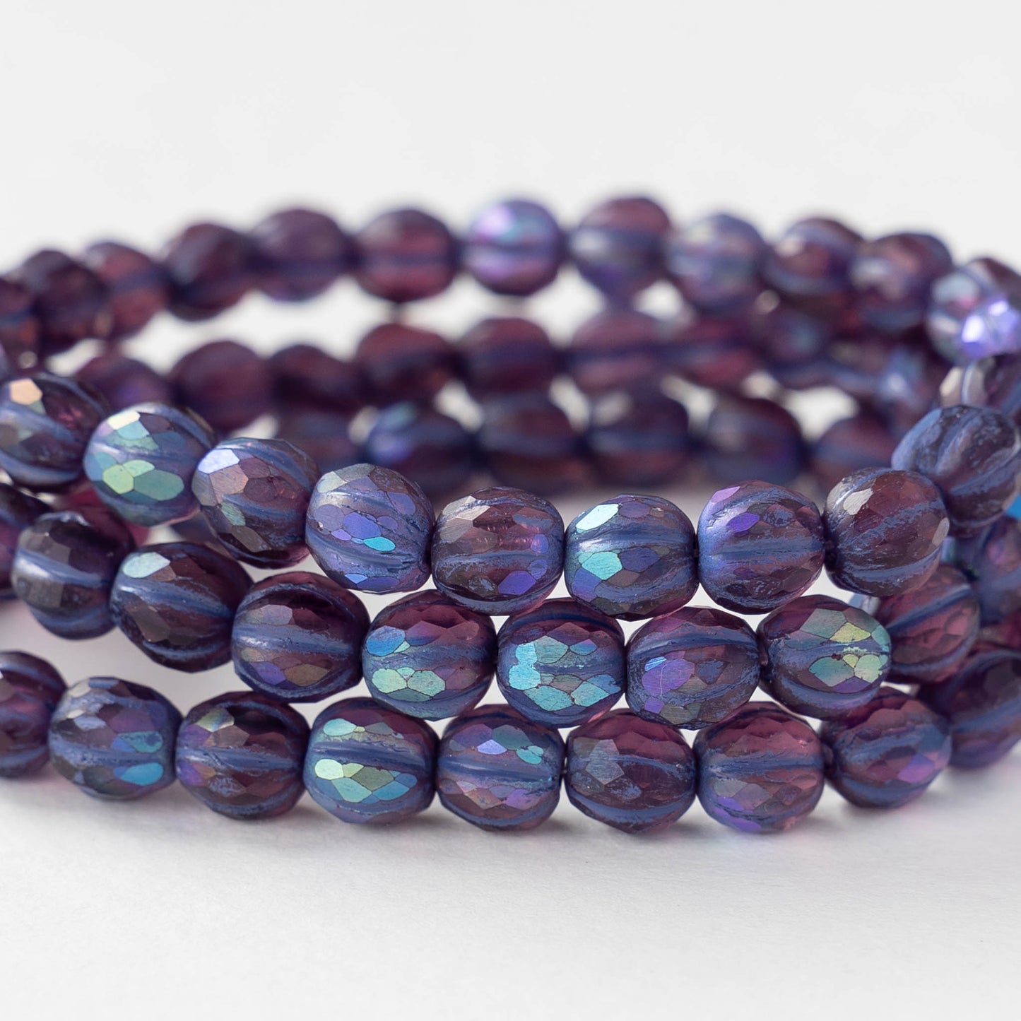6mm Faceted Round Glass Melon Bead - Matte Purple AB - 10 or 30 Beads