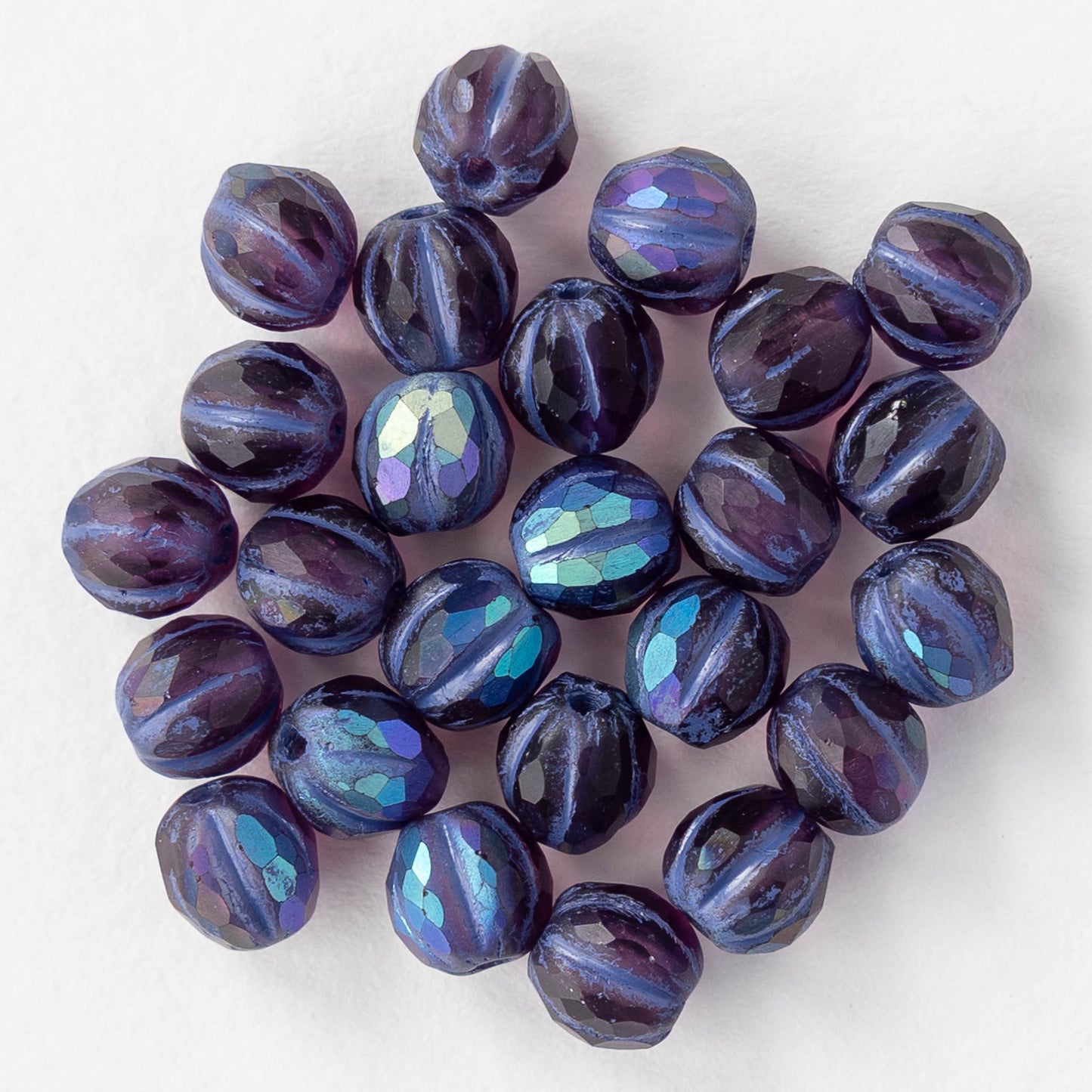 6mm Faceted Round Glass Melon Bead - Matte Purple AB - 10 or 30 Beads