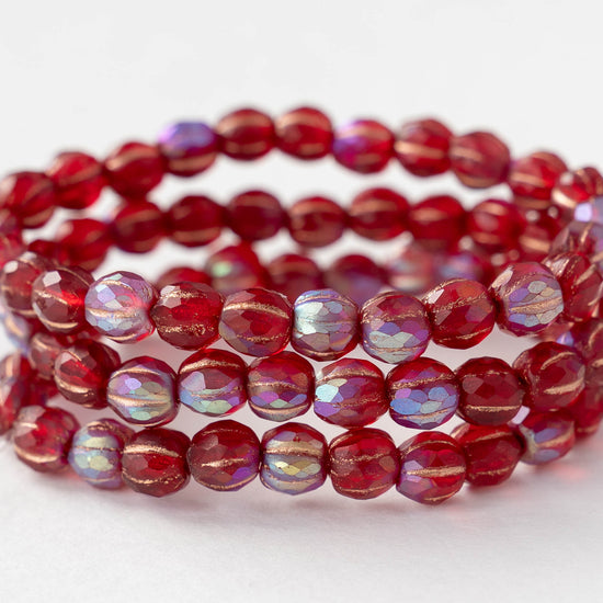6mm Faceted Round Glass Melon Bead - Matte Red AB with Copper Wash - 10 or 30 Beads