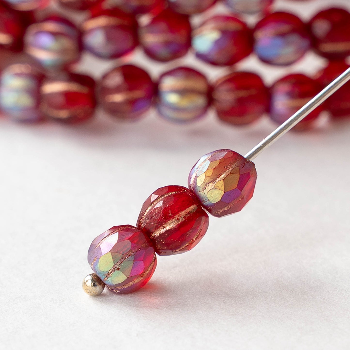 6mm Faceted Round Glass Melon Bead - Matte Red AB with Copper Wash - 10 or 30 Beads