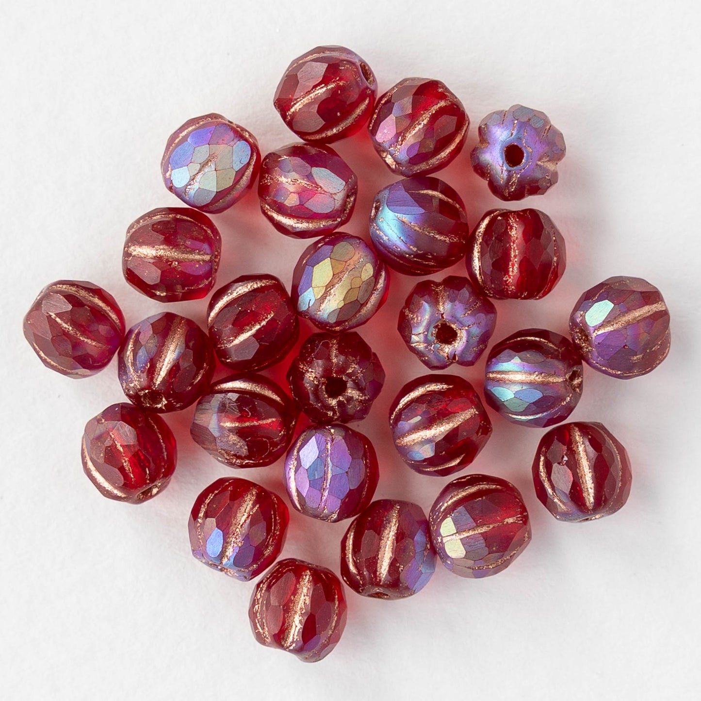 6mm Faceted Round Glass Melon Bead - Matte Red AB with Copper Wash - 10 or 30 Beads