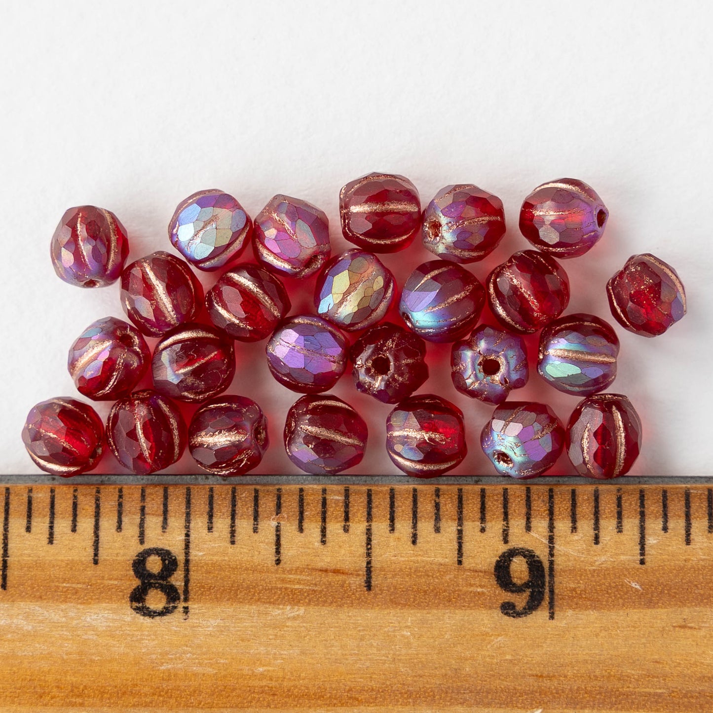 6mm Faceted Round Glass Melon Bead - Matte Red AB with Copper Wash - 10 or 30 Beads