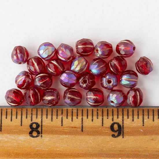 6mm Faceted Round Glass Melon Bead - Matte Red AB with Copper Wash - 10 or 30 Beads