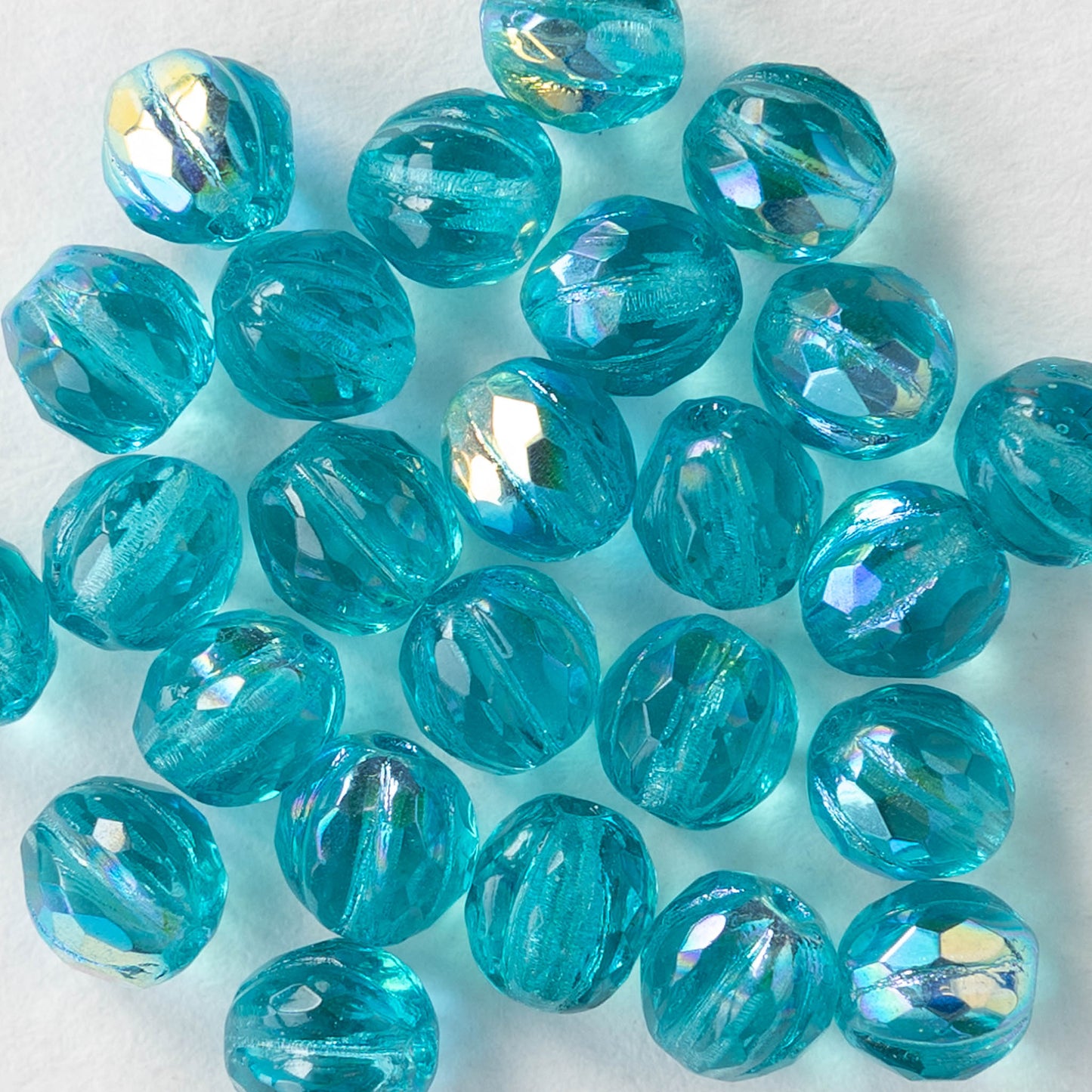 6mm Faceted Round Glass Melon Bead - Transparent Blue Green AB - 10 or 20 Beads