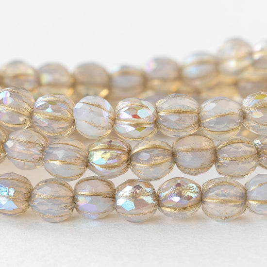 6mm Faceted Round Glass Melon Bead - Crystal Opal AB with Gold Wash - 10 or 20 Beads