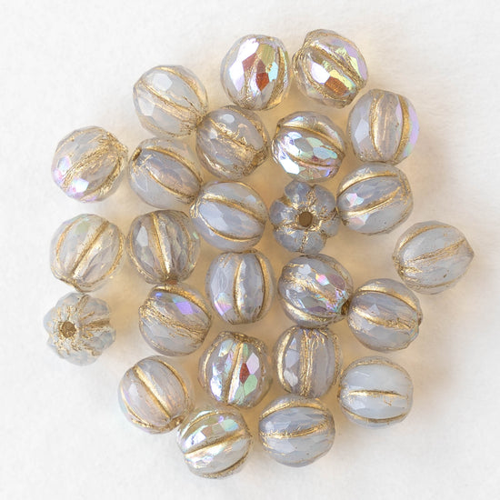 6mm Faceted Round Glass Melon Bead - Crystal Opal AB with Gold Wash - 10 or 20 Beads