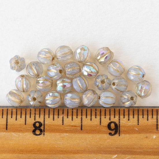 6mm Faceted Round Glass Melon Bead - Crystal Opal AB with Gold Wash - 10 or 20 Beads