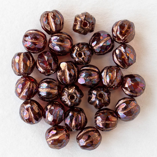 6mm Faceted Round Glass Melon Bead -   Opaque Ruby and Purple with Copper Wash - 10 or 20 Beads