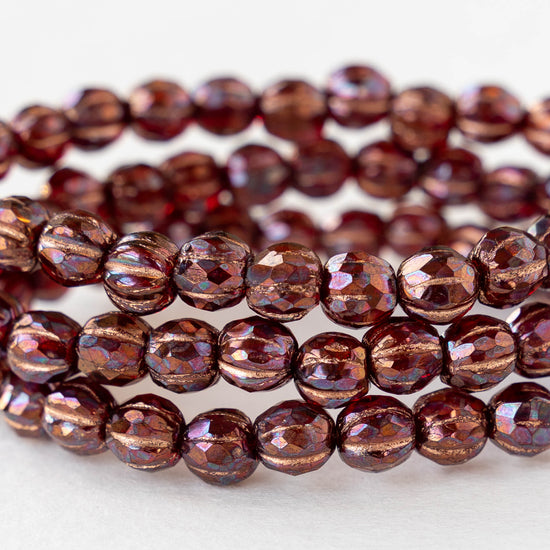 6mm Faceted Round Glass Melon Bead -   Opaque Ruby and Purple with Copper Wash - 10 or 20 Beads