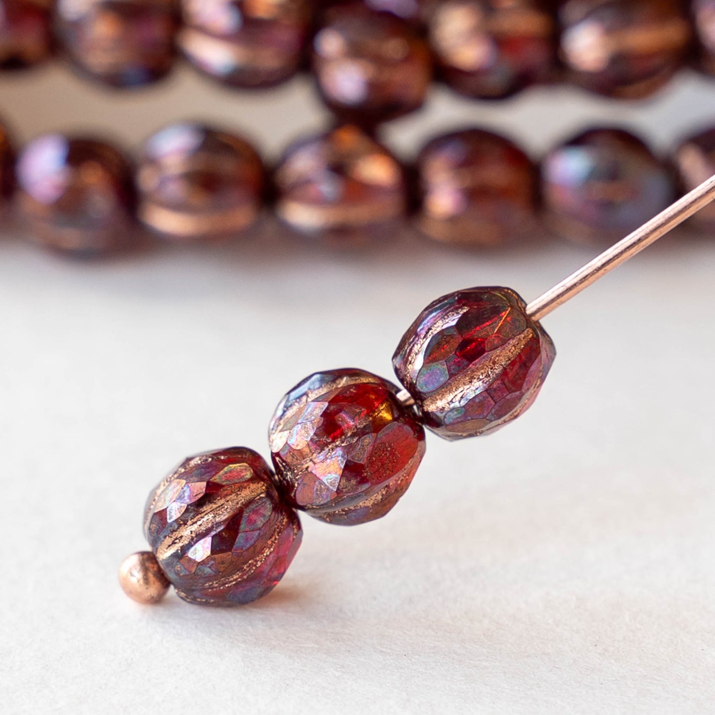 6mm Faceted Round Glass Melon Bead -   Opaque Ruby and Purple with Copper Wash - 10 or 20 Beads