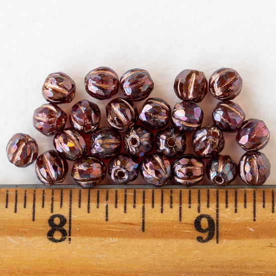 6mm Faceted Round Glass Melon Bead -   Opaque Ruby and Purple with Copper Wash - 10 or 20 Beads