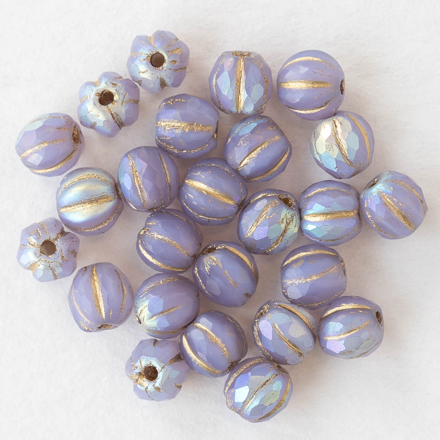 6mm Faceted Round Glass Melon Bead - Opaque Lavender AB with a Gold Wash - 10 or 20 Beads