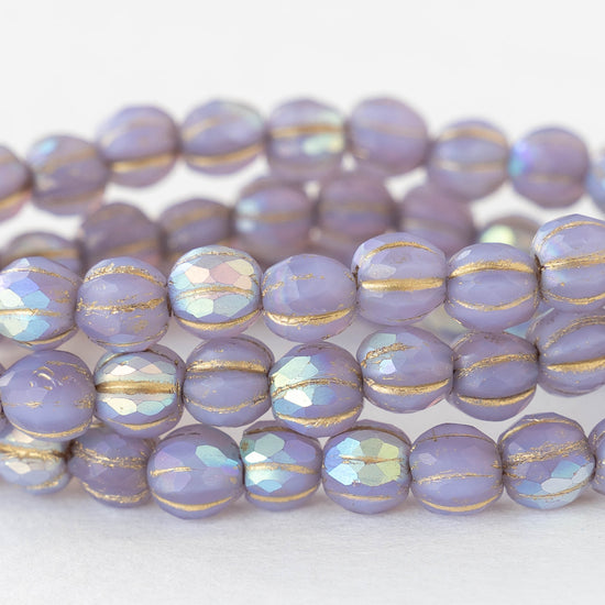 6mm Faceted Round Glass Melon Bead - Opaque Lavender AB with a Gold Wash - 10 or 20 Beads