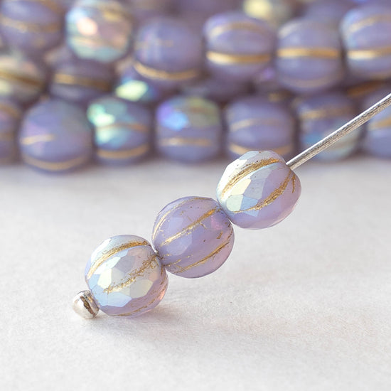 6mm Faceted Round Glass Melon Bead - Opaque Lavender AB with a Gold Wash - 10 or 20 Beads