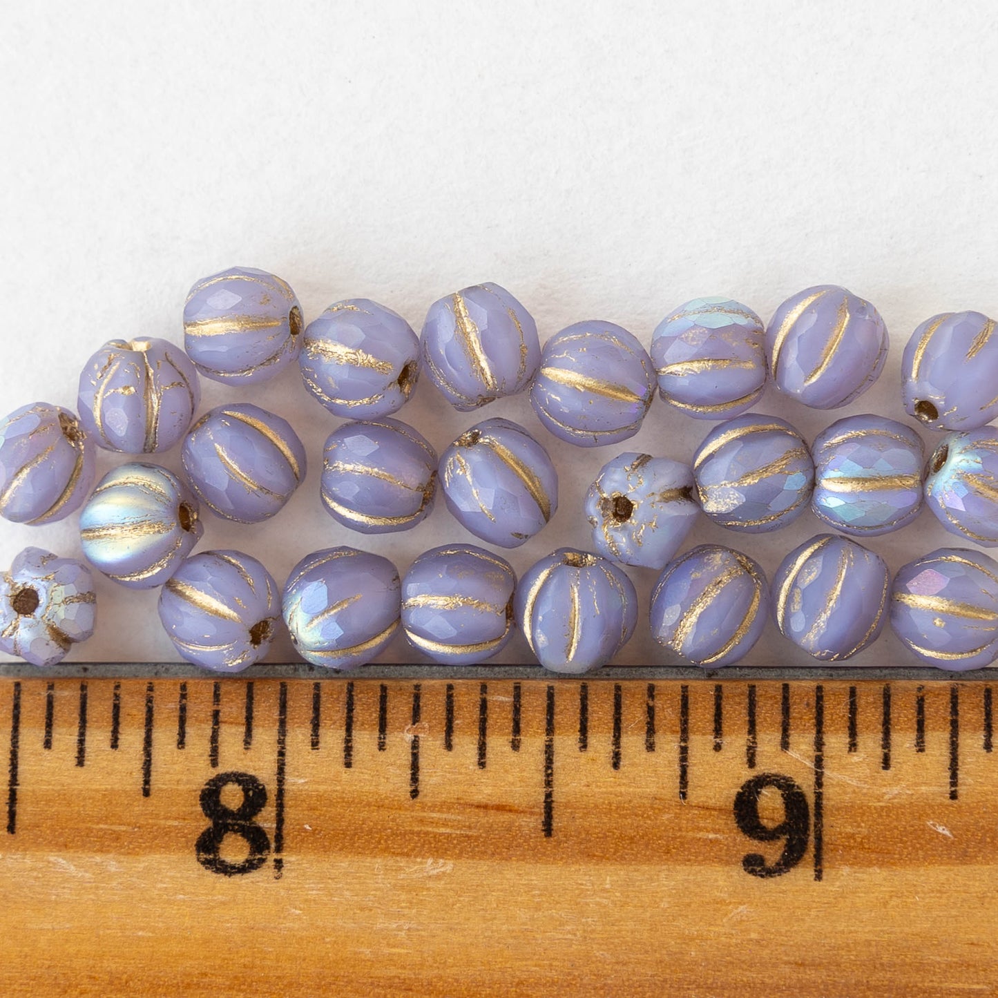 6mm Faceted Round Glass Melon Bead - Opaque Lavender AB with a Gold Wash - 10 or 20 Beads