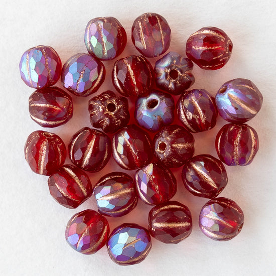 6mm Faceted Round Glass Melon Bead - Transparent Red AB with a Gold Wash - 10 or 20 Beads