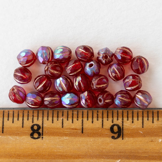 6mm Faceted Round Glass Melon Bead - Transparent Red AB with a Gold Wash - 10 or 20 Beads