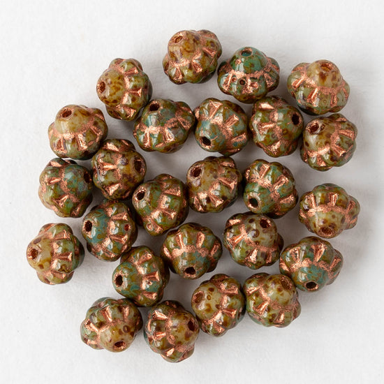 6mm Glass Mulberry Beads - Ivory Green with Copper Wash - 25 Beads
