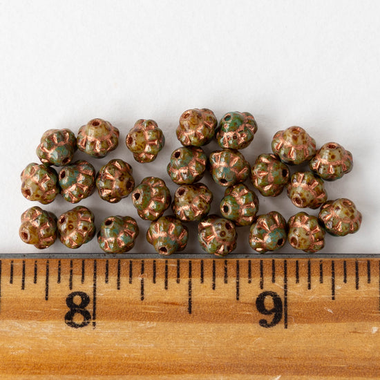 6mm Glass Mulberry Beads - Ivory Green with Copper Wash - 25 Beads