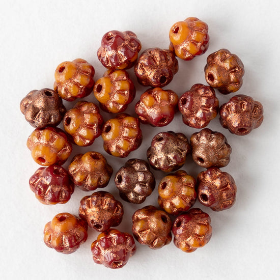 6mm Glass Mulberry Beads - Orange Red with Copper Wash - 25 Beads
