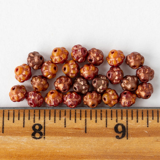 6mm Glass Mulberry Beads - Orange Red with Copper Wash - 25 Beads