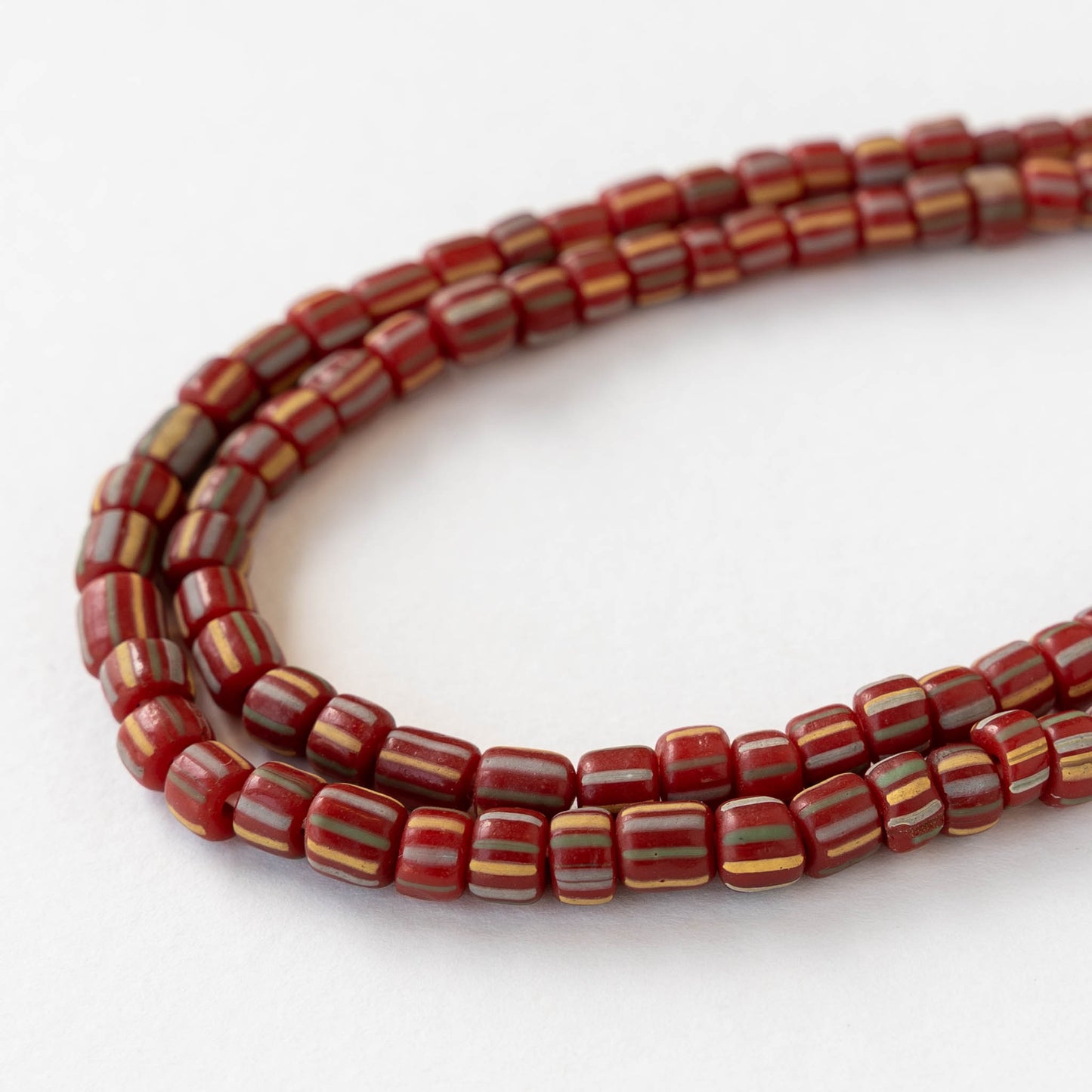 Glass Java Beads - Opaque Red with Stripes - Whole or Half Strand