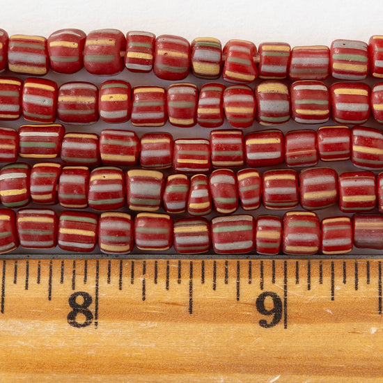 Glass Java Beads - Opaque Red with Stripes - Whole or Half Strand
