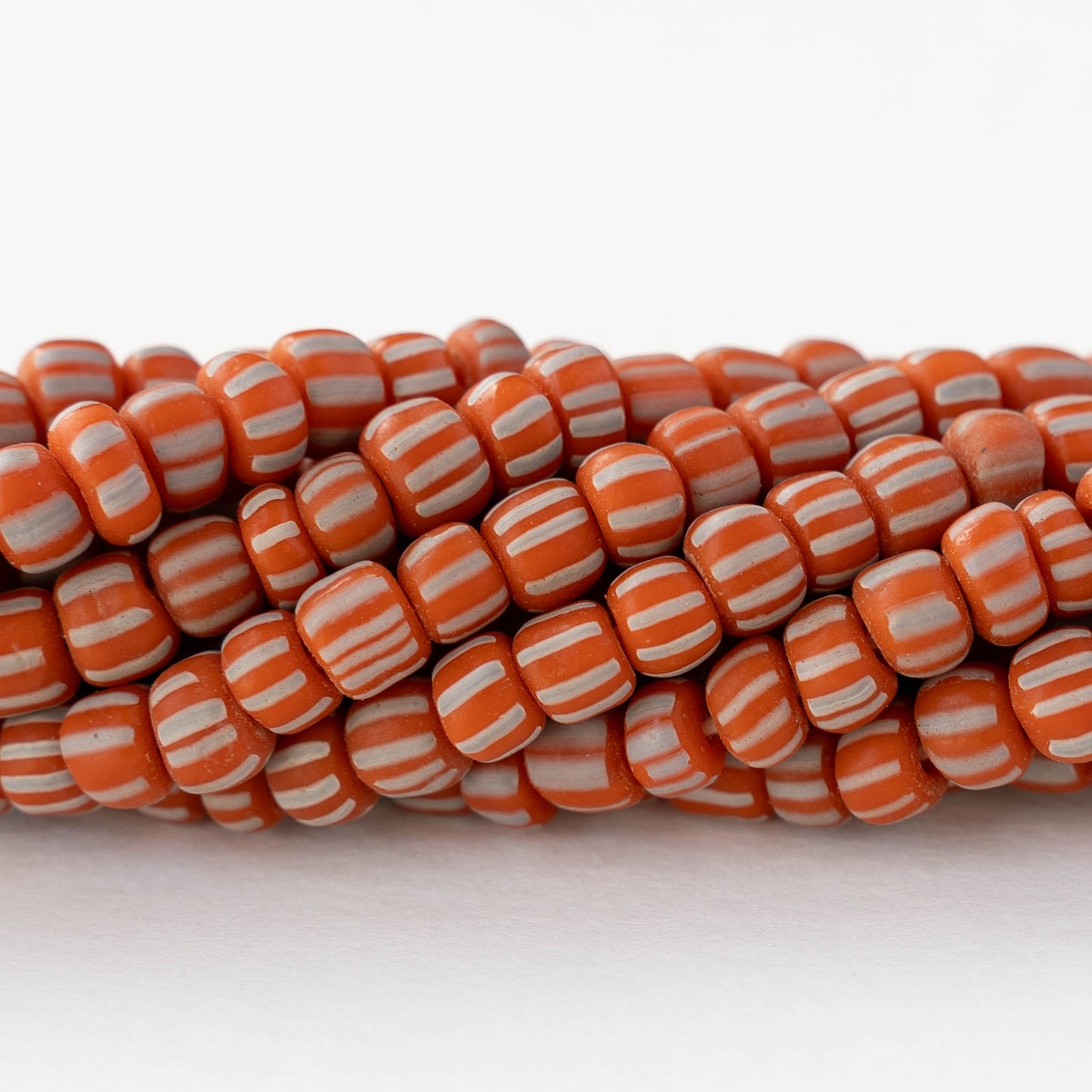Glass Java Beads - Orange with White Stripes - Whole or Half Strand