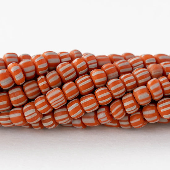 Glass Java Beads - Orange with White Stripes - Whole or Half Strand