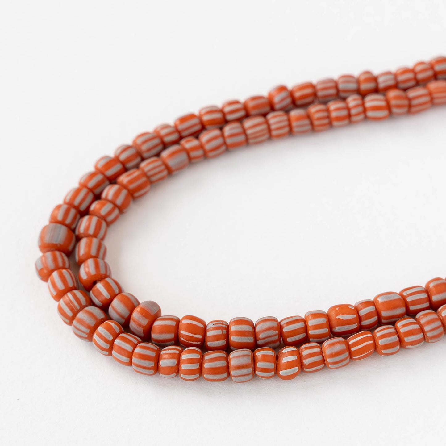 Glass Java Beads - Orange with White Stripes - Whole or Half Strand