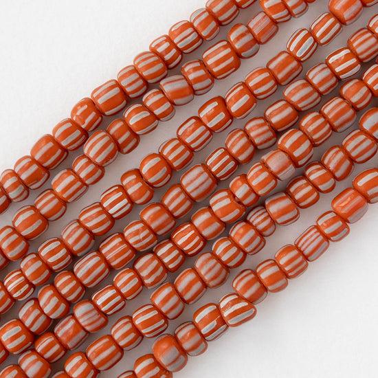 Glass Java Beads - Orange with White Stripes - Whole or Half Strand