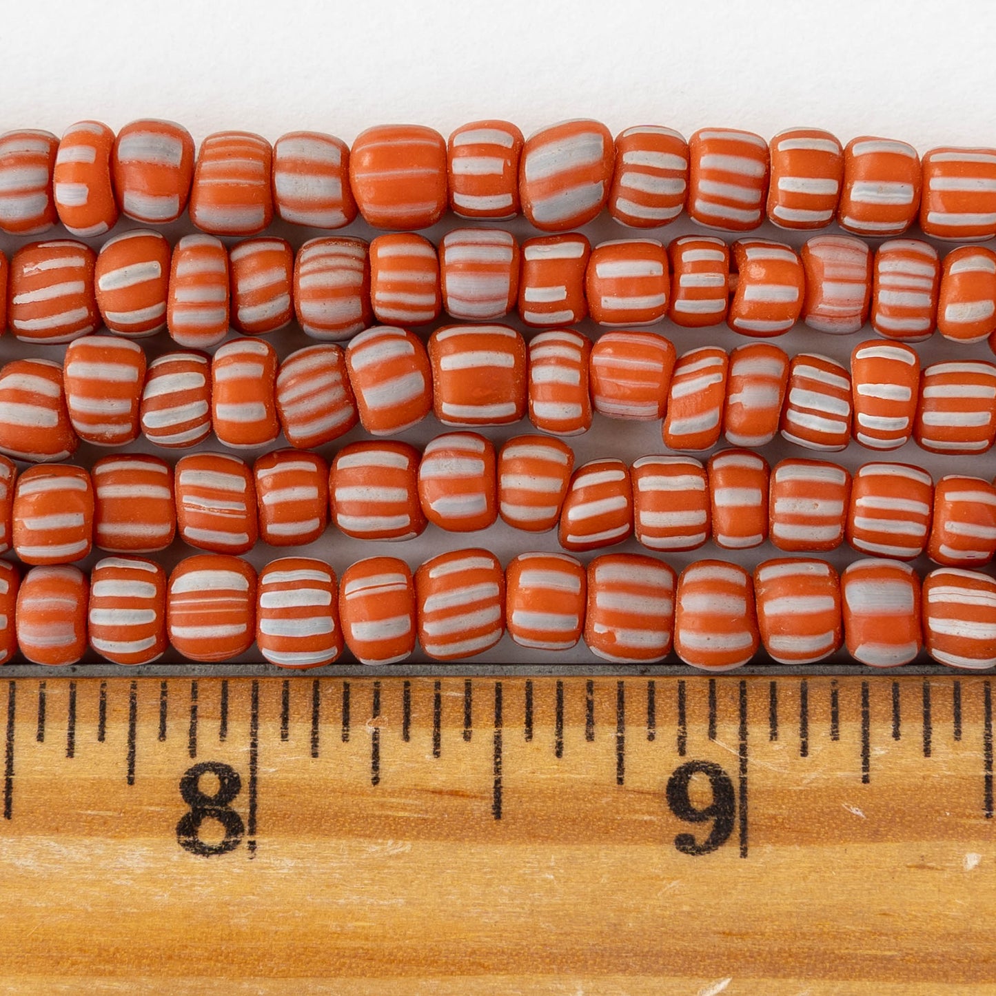 Glass Java Beads - Orange with White Stripes - Whole or Half Strand