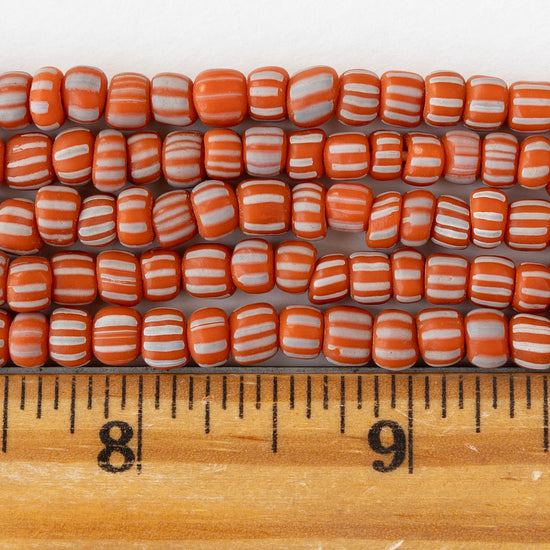 Glass Java Beads - Orange with White Stripes - Whole or Half Strand