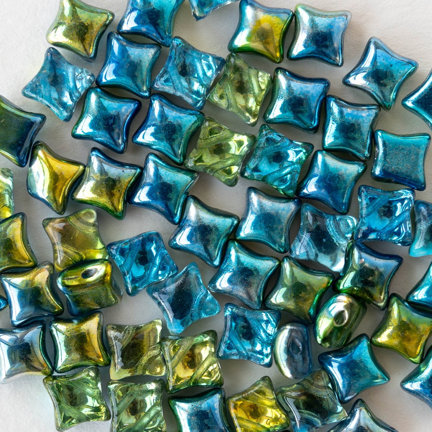 6mm Glass Pillow Beads - Blue Green Metallic - 25 Beads