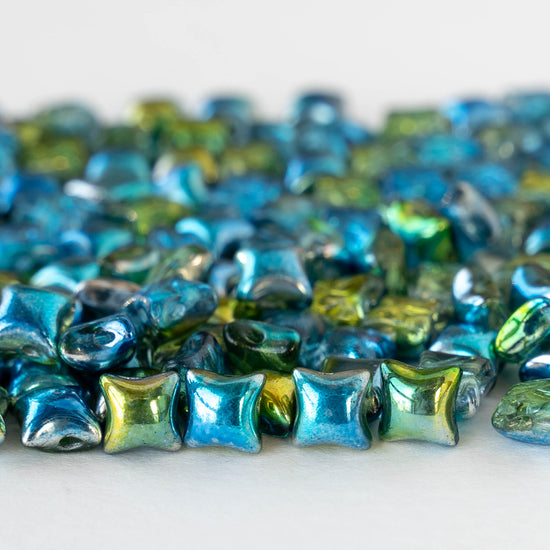 6mm Glass Pillow Beads - Blue Green Metallic - 25 Beads