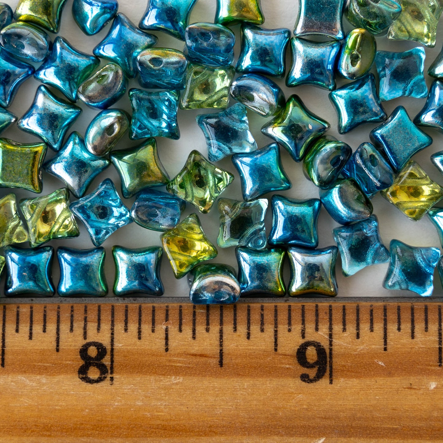 6mm Glass Pillow Beads - Blue Green Metallic - 25 Beads