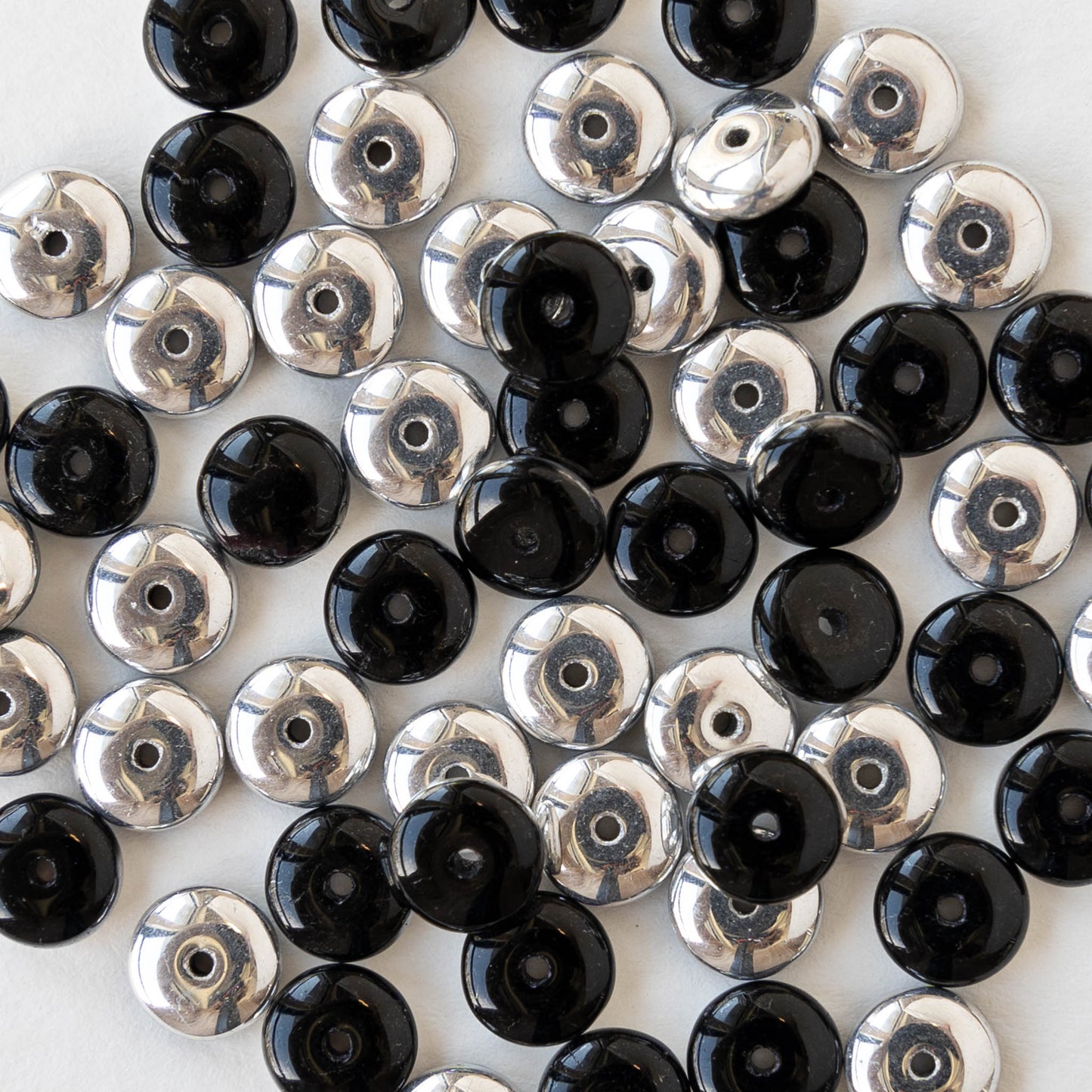 6mm Glass Rondelle Beads - Opaque Black and Silver- 120 Beads