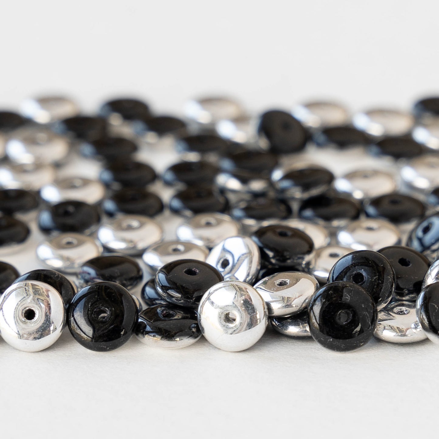 6mm Glass Rondelle Beads - Opaque Black and Silver- 120 Beads