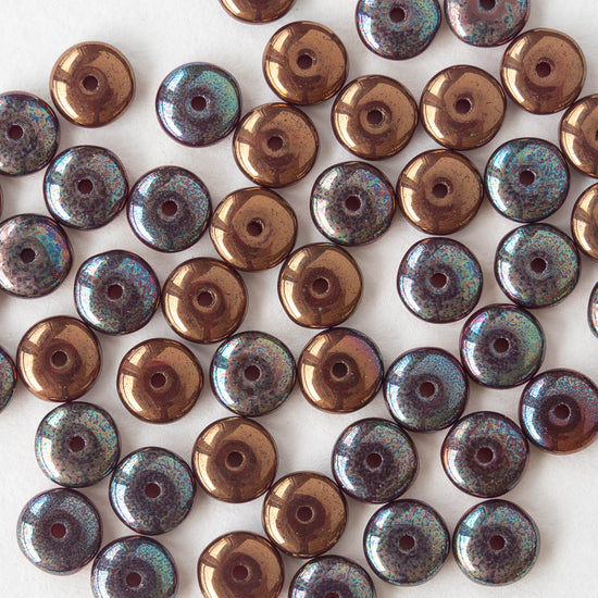 6mm Glass Rondelle - Dark Bronze Finish Opaque with Blue/Purple Patina - 50 beads