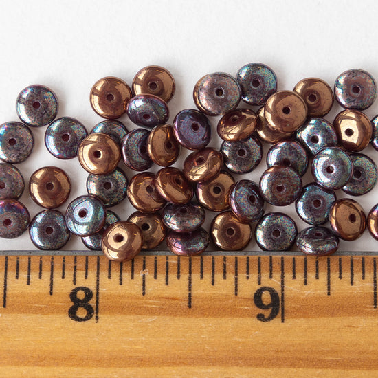 6mm Glass Rondelle - Dark Bronze Finish Opaque with Blue/Purple Patina - 50 beads