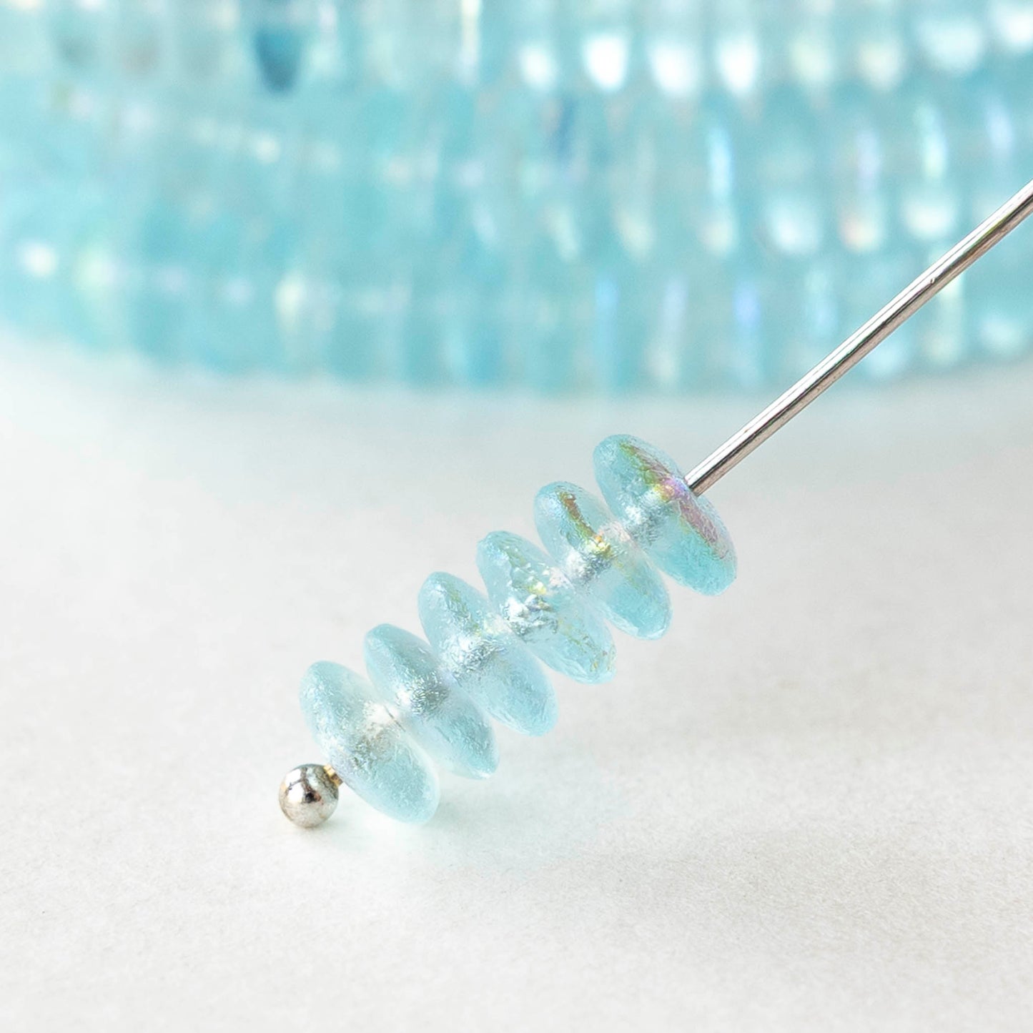 6mm Glass Rondelle Beads - Etched Light Blue AB - 25 or 50 beads