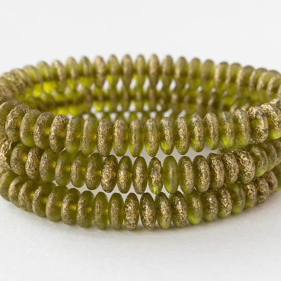 6mm Glass Rondelle Beads - Etched Peridot Gold - 25 or 50 beads
