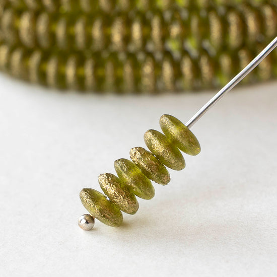 6mm Glass Rondelle Beads - Etched Peridot Gold - 25 or 50 beads