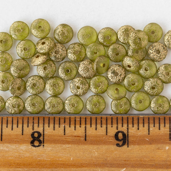 6mm Glass Rondelle Beads - Etched Peridot Gold - 25 or 50 beads