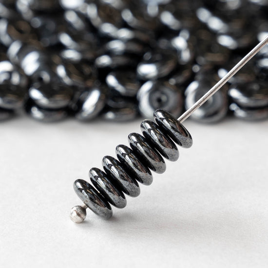 6mm Glass Rondelle Beads - Hematite - 100 Beads