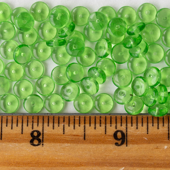 6mm Glass Rondelle Beads - Transparent Peridot - 50 or 100 Beads