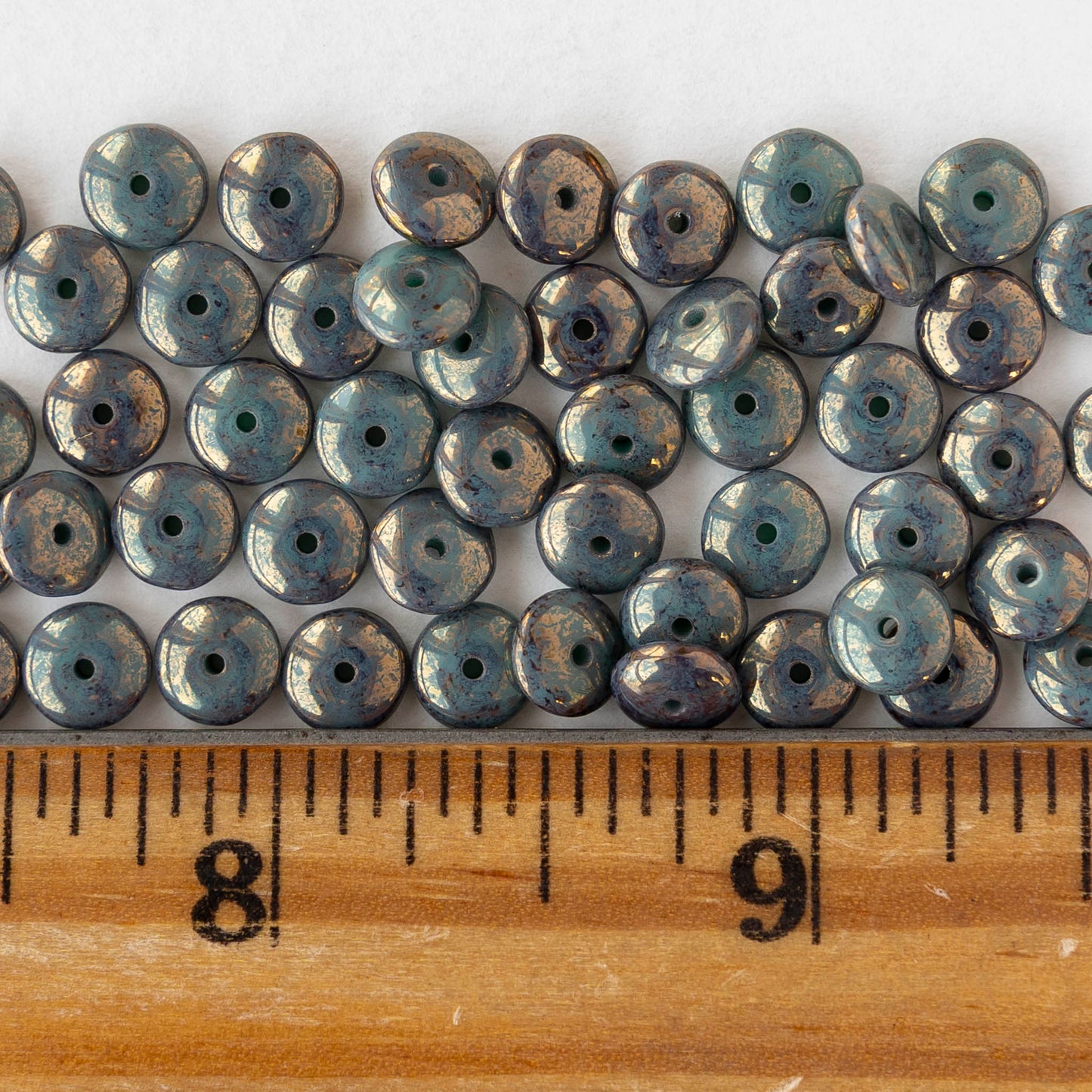 6mm Glass Rondelle Beads - Tiffany Green Gold Luster - 25 or 50 beads